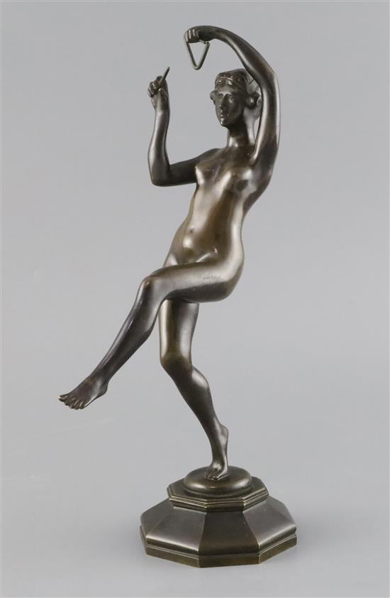 Eugène Piron (1875-1928). Art Art Deco bronze figure of a nude dancing girl playing the triangle, height 12.25in.